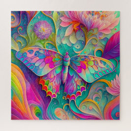 Kleurrijke psychedelische vlinder en bloemen legpuzzel