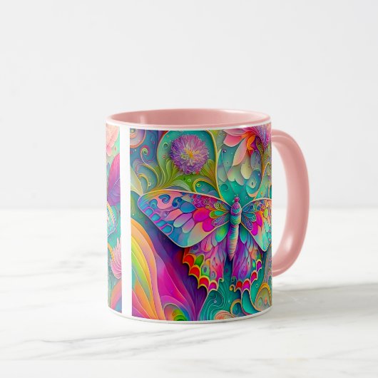 Kleurrijke psychedelische vlinder en bloemen mok (Voorkant rechts)