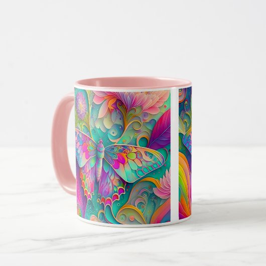 Kleurrijke psychedelische vlinder en bloemen mok (Voorkant links)