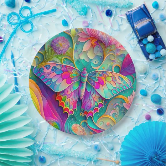 Kleurrijke psychedelische vlinder en bloemen papieren bordje (Feest)