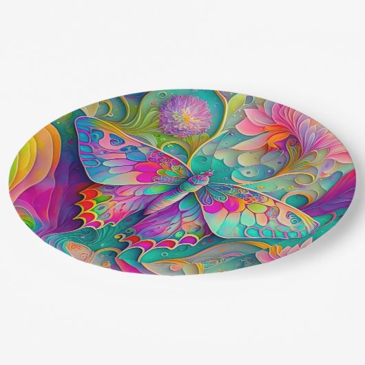 Kleurrijke psychedelische vlinder en bloemen papieren bordje (Gekanteld)
