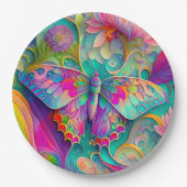 Kleurrijke psychedelische vlinder en bloemen papieren bordje (Voorkant)
