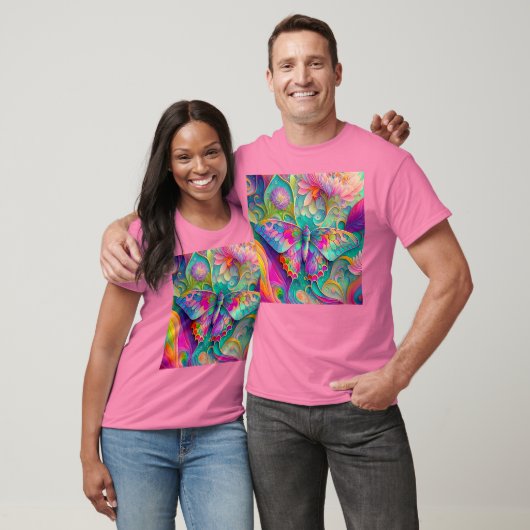 Kleurrijke psychedelische vlinder en bloemen t-shirt (Unisex)
