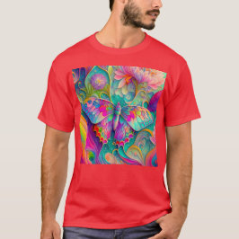 Kleurrijke psychedelische vlinder en bloemen t-shirt