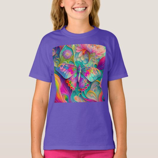 Kleurrijke psychedelische vlinder en bloemen t-shirt (Voorkant)