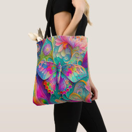 Kleurrijke psychedelische vlinder en bloemen tote bag