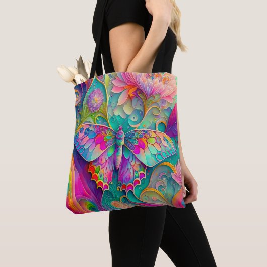 Kleurrijke psychedelische vlinder en bloemen tote bag (Dichtbij)