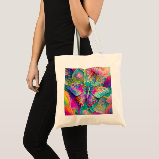Kleurrijke psychedelische vlinder en bloemen tote bag (Voorkant (product))