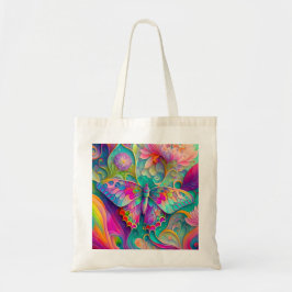 Kleurrijke psychedelische vlinder en bloemen tote bag
