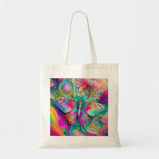 Kleurrijke psychedelische vlinder en bloemen tote bag (Voorkant)