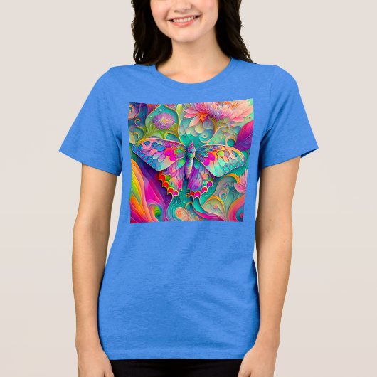 Kleurrijke psychedelische vlinder en bloemen Tri-Blend shirt (Voorkant)