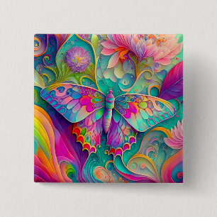 Kleurrijke psychedelische vlinder en bloemen vierkante button 5,1 cm