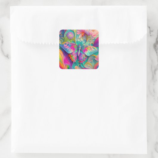 Kleurrijke psychedelische vlinder en bloemen vierkante sticker (Tas)