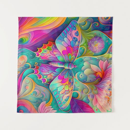 Kleurrijke psychedelische vlinder en bloemen wandkleed (Voorkant (horizontaal))