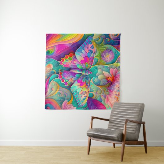 Kleurrijke psychedelische vlinder en bloemen wandkleed (In Situ (horizontaal))