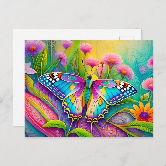 Kleurrijke psychedelische vlinder en wilde bloemen briefkaart (Voorkant / Achterkant)