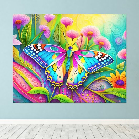 Kleurrijke psychedelische vlinder en wilde bloemen canvas afdruk (Insitu (Houten vloer))