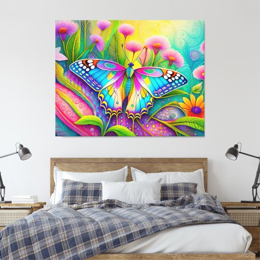 Kleurrijke psychedelische vlinder en wilde bloemen canvas afdruk (Insitu (Slaapkamer))