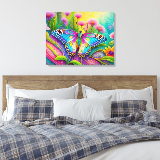 Kleurrijke psychedelische vlinder en wilde bloemen canvas afdruk (Insitu (Slaapkamer))