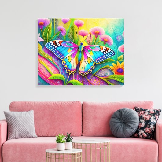 Kleurrijke psychedelische vlinder en wilde bloemen canvas afdruk (Insitu (Woonkamer))