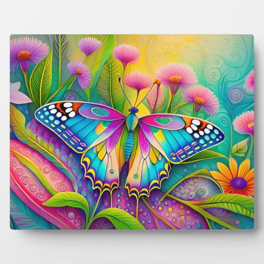 Kleurrijke psychedelische vlinder en wilde bloemen fotoplaat (Voorkant)