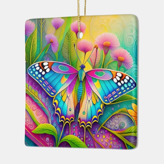 Kleurrijke psychedelische vlinder en wilde bloemen keramisch ornament (Links)