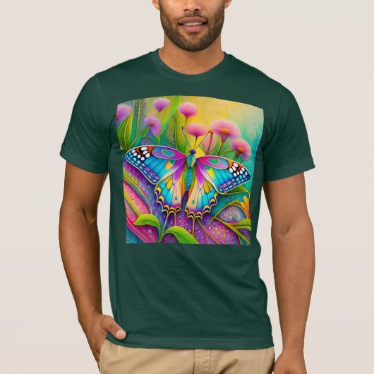 Kleurrijke psychedelische vlinder en wilde bloemen t-shirt (Voorkant)