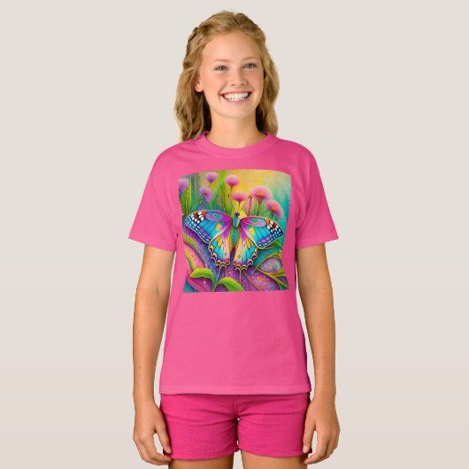 Kleurrijke psychedelische vlinder en wilde bloemen t-shirt (Voorkant volledig)