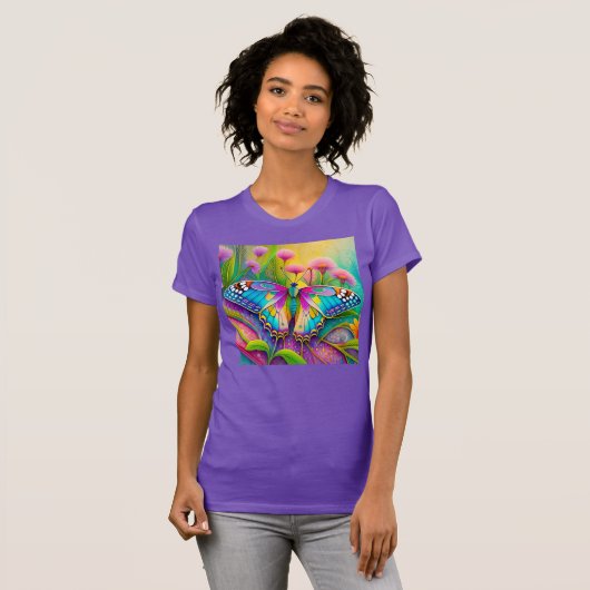 Kleurrijke psychedelische vlinder en wilde bloemen t-shirt (Voorkant volledig)