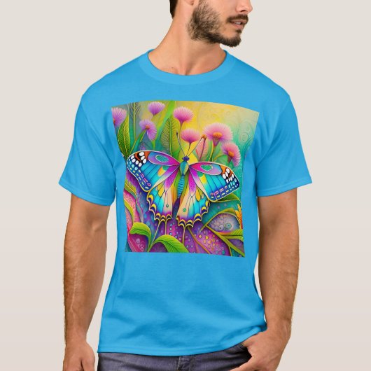 Kleurrijke psychedelische vlinder en wilde bloemen t-shirt (Voorkant)