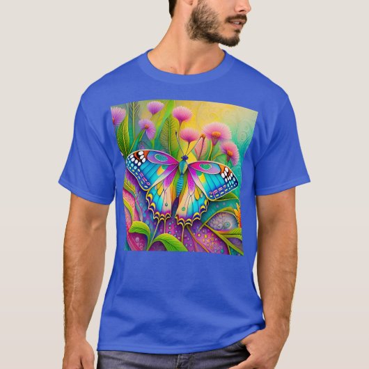 Kleurrijke psychedelische vlinder en wilde bloemen t-shirt (Voorkant)