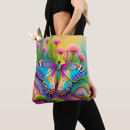 Kleurrijke psychedelische vlinder en wilde bloemen tote bag (Dichtbij)