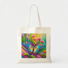 Kleurrijke psychedelische vlinder en wilde bloemen tote bag
