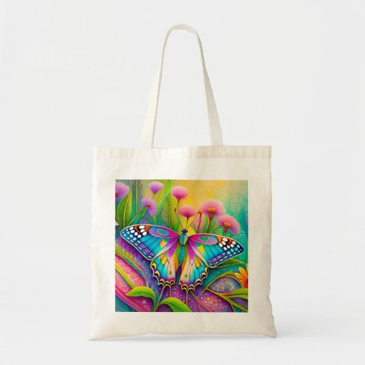 Kleurrijke psychedelische vlinder en wilde bloemen tote bag (Voorkant)