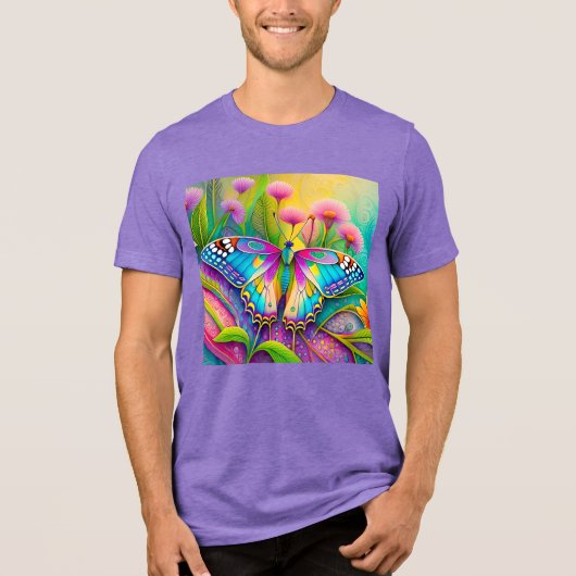Kleurrijke psychedelische vlinder en wilde bloemen Tri-Blend shirt (Voorkant)