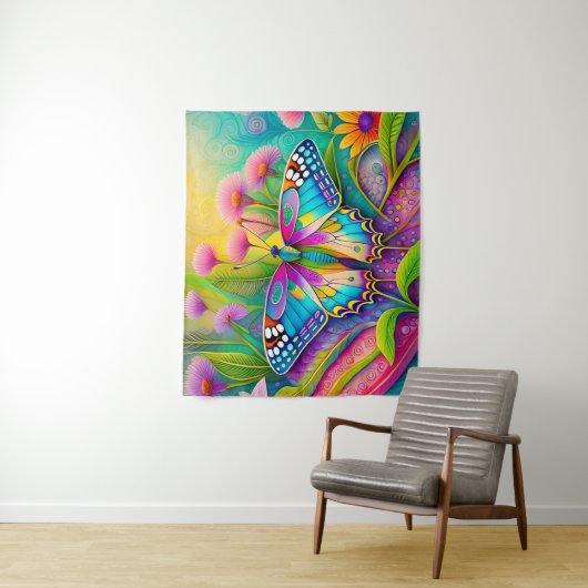 Kleurrijke psychedelische vlinder en wilde bloemen wandkleed (In situ)