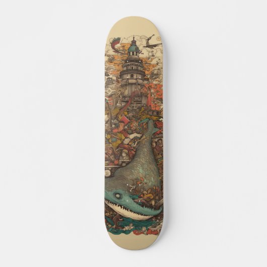 Kleurrijke psychedelische zeeen en vuurtoren persoonlijk skateboard (Voorkant)