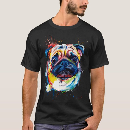 Kleurrijke Pug Hond Kunst T-shirt (Voorkant)