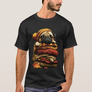 Kleurrijke Pug Rustend met Herfstbladeren Gezellig T-shirt