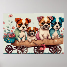 Kleurrijke Puppies in een wagen Poster