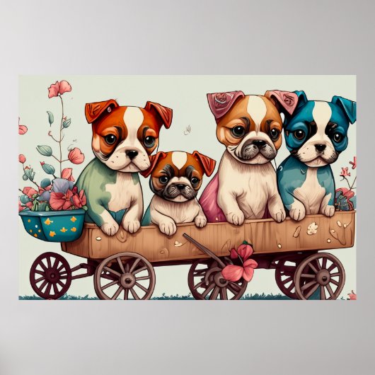Kleurrijke Puppies in een wagen Poster (Voorkant)