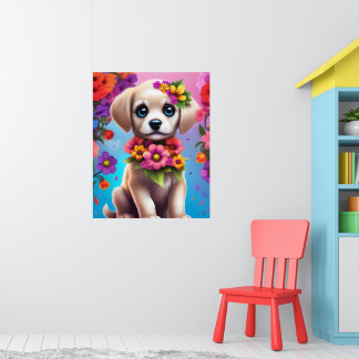 Kleurrijke Puppy en Bloemen Kinderen Muurposter Poster