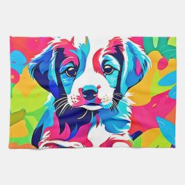 Kleurrijke puppy kunstwerk theedoek