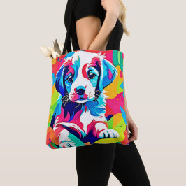 Kleurrijke puppy kunstwerk tote bag