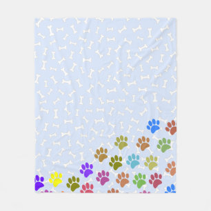 Kleurrijke Puppy Paw Prints en Botten Lichtblauw Fleece Deken