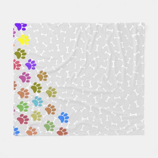 Kleurrijke Puppy Paw Prints en Botten Lichtgrijs Fleece Deken (Voorkant (Horizontaal))