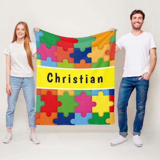 Kleurrijke puzzelstukjes voor autisme op maat fleece deken (In situ)