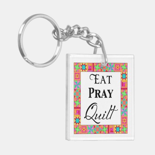 Kleurrijke quilt blokkeert rand art eet Pray Quilt Sleutelhanger (Voorkant Links)