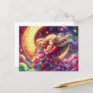 Kleurrijke Quilt Sleeping Girl & Crescent Moon Briefkaart