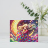 Kleurrijke Quilt Sleeping Girl & Crescent Moon Briefkaart (Staand voorkant)